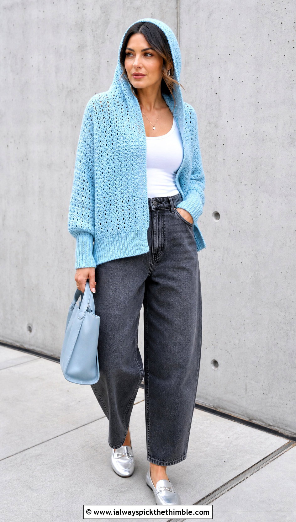 Fitted Cuff Crochet Hooded Poncho With Barrel Jeans - 25 Crochet Hooded Poncho outfit ideas