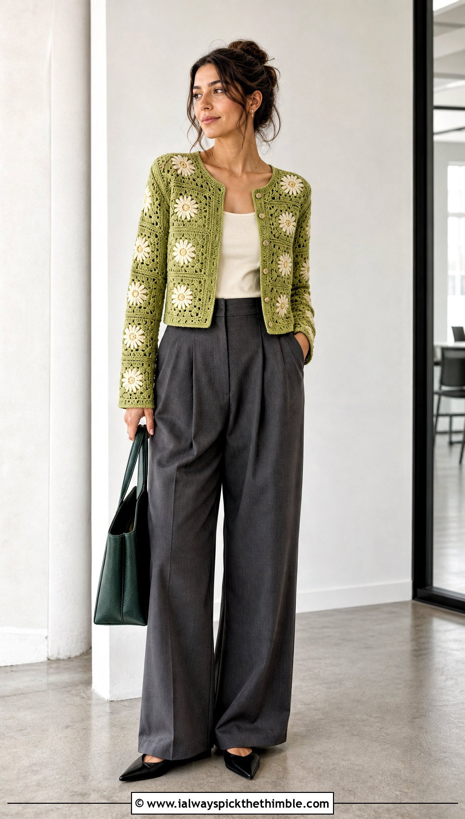 Fitted Daisy Granny Square Cardigan With Tailored Trousers - 20 Daisy Granny Square Cardigan outfit ideas