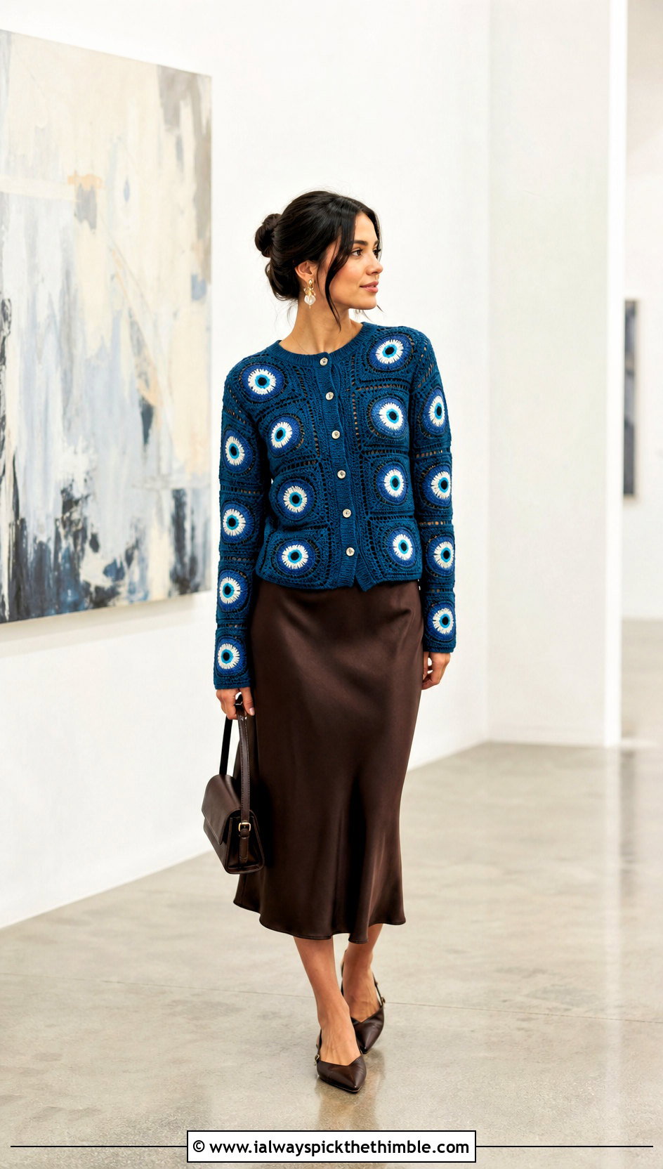 Fitted Evil Eye Cardigan Sweater With Satin Midi Skirt - 20 Evil Eye Crochet Sweater outfit ideas