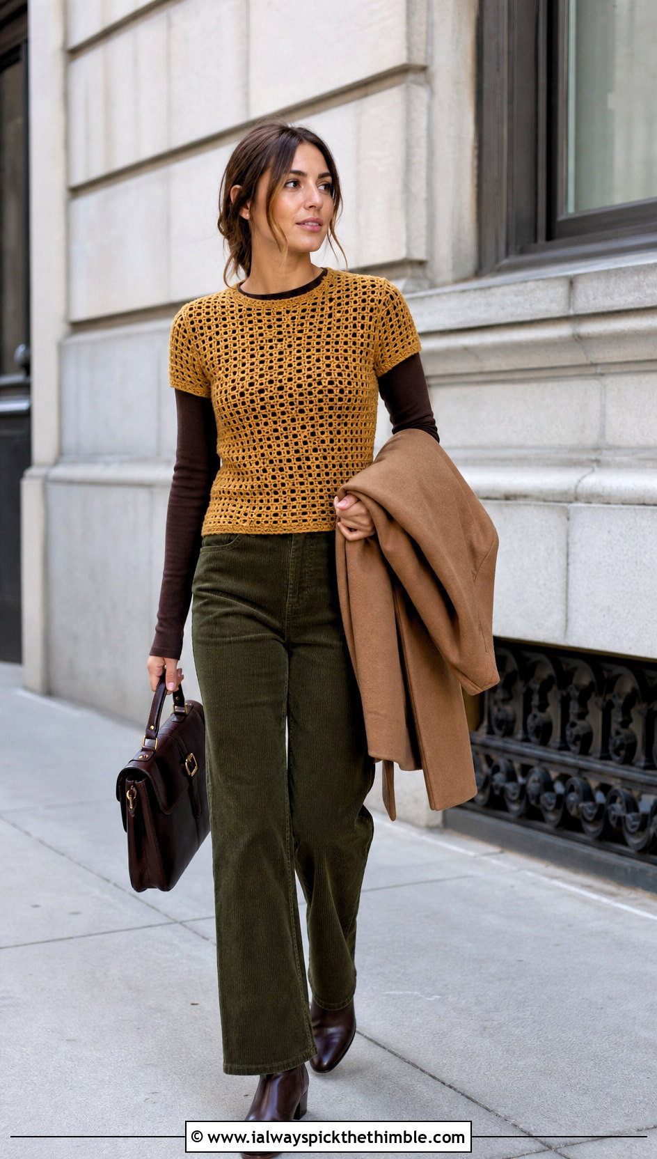 Fitted Filet Crochet Crew Neck Tee With Corduroy Pants - 20 filet crochet shirt outfit ideas