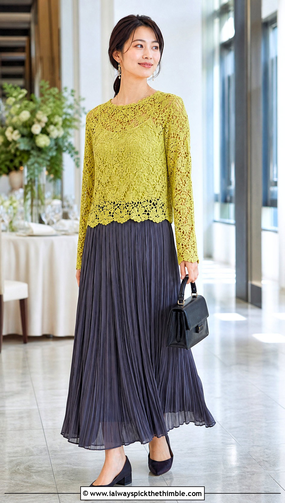 Fitted Floral Crochet Lace Sweater With Pleated Maxi Skirt - 25 crochet lace sweater outfit ideas