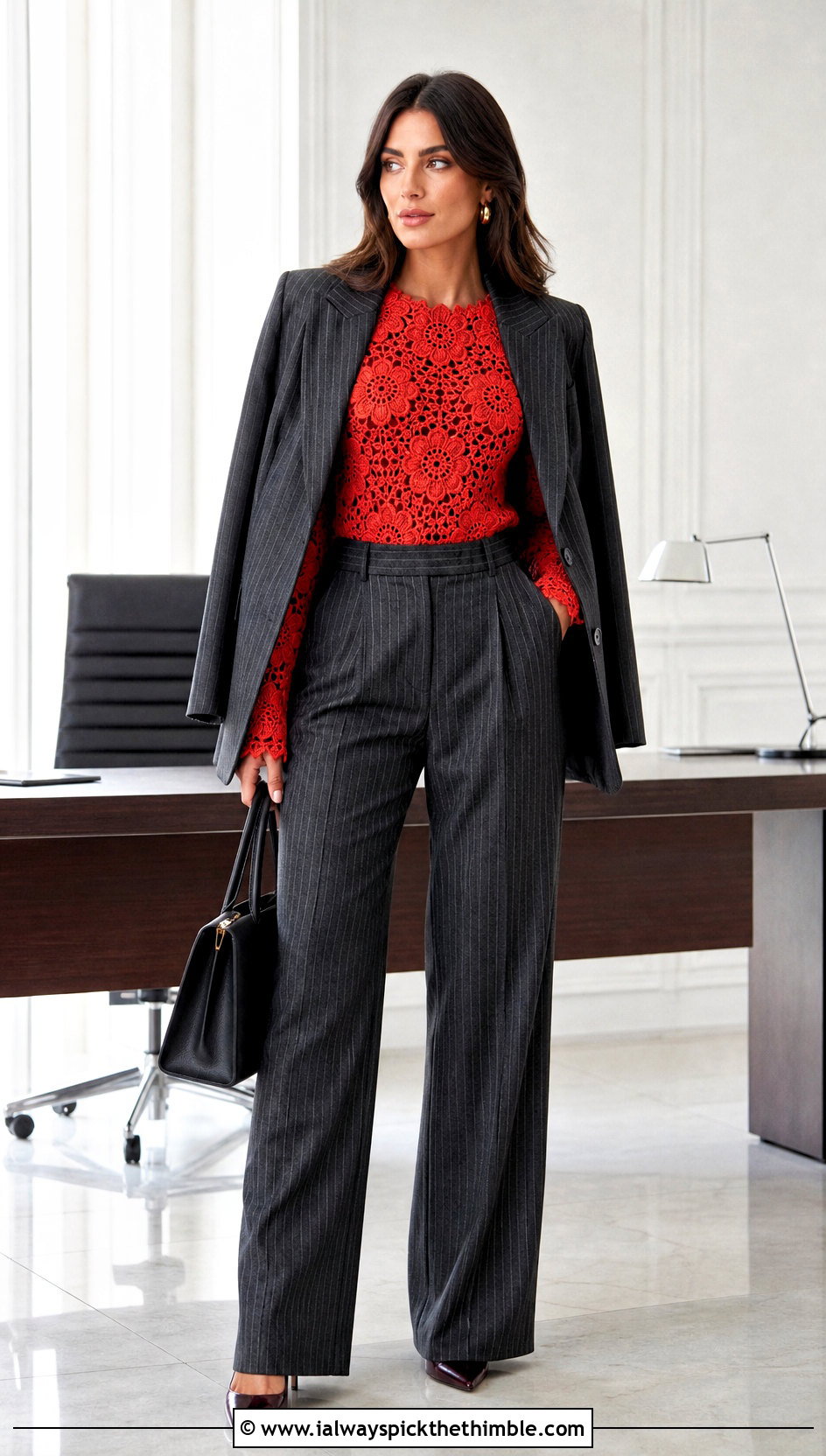 Fitted Flower Motif Crochet Long Sleeve Top With Pinstripe Suit - 20 Crochet Flower Top Long Sleeve outfit ideas