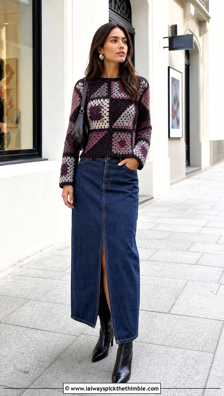 Fitted Geometric Crochet Patchwork Jumper With Denim Maxi Skirt - 15 crochet patchwork jumper outfit ideas