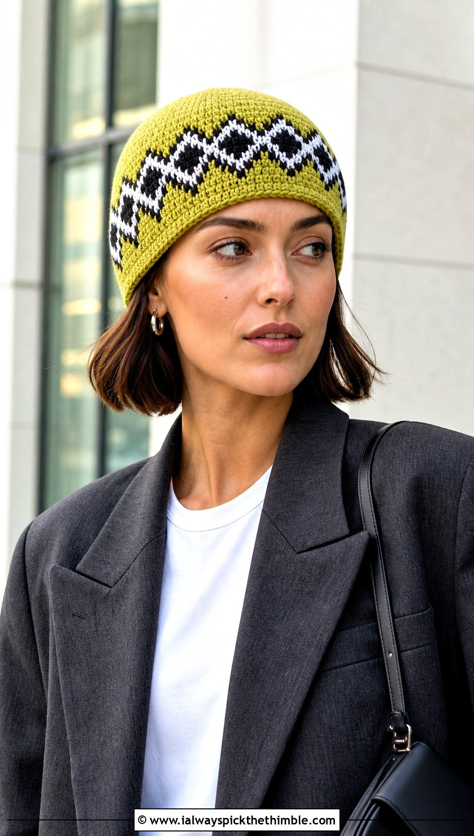 Fitted Geometric Fair Isle Beanie With Blazer - 20 Crochet Fair Isle Beanie outfit ideas