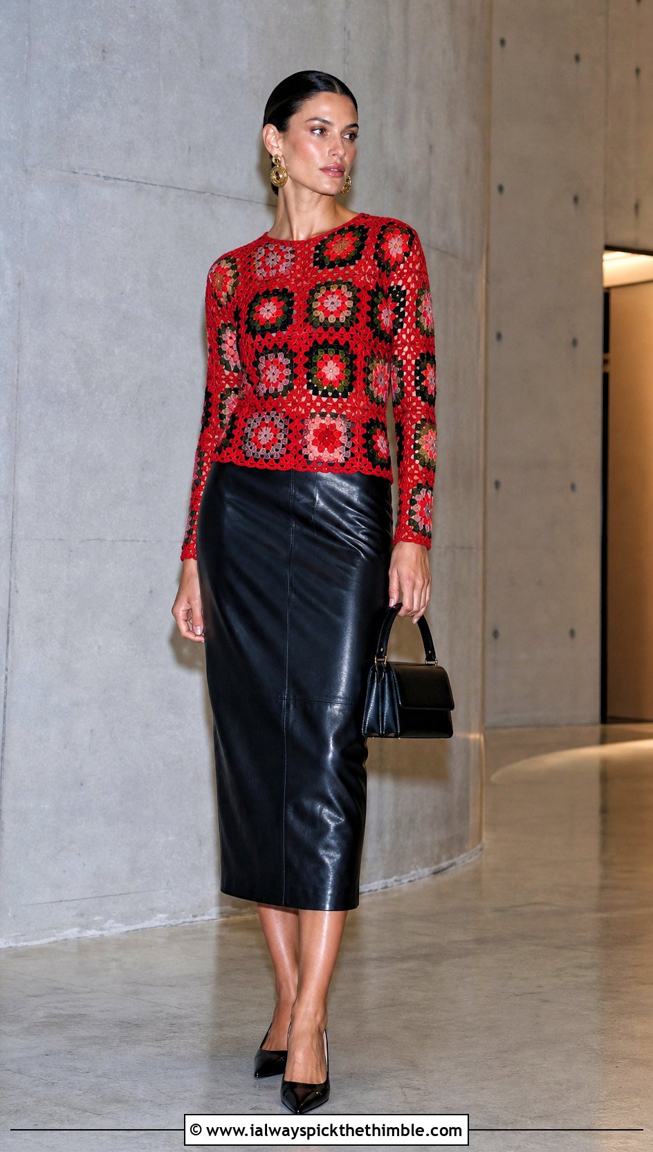 Fitted Granny Motif Crochet Pullover With Leather Column Skirt - 15 love my granny crochet pullover outfit ideas