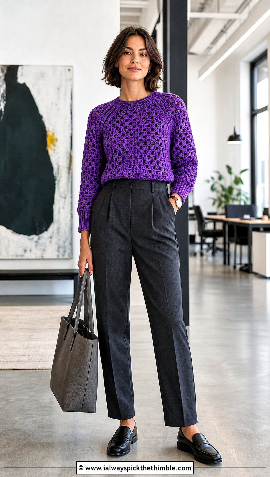 Fitted Granny Raglan Sweater With Tailored Trousers - 20 Crochet Granny Raglan Sweater outfit ideas