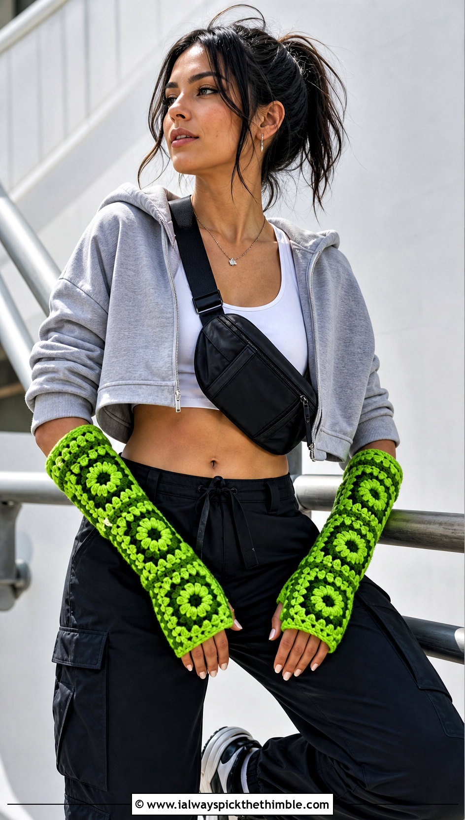Fitted Granny Square Arm Warmers With Hoodie And Cargo Pants - 20 Granny Square Arm Warmers outfit ideas