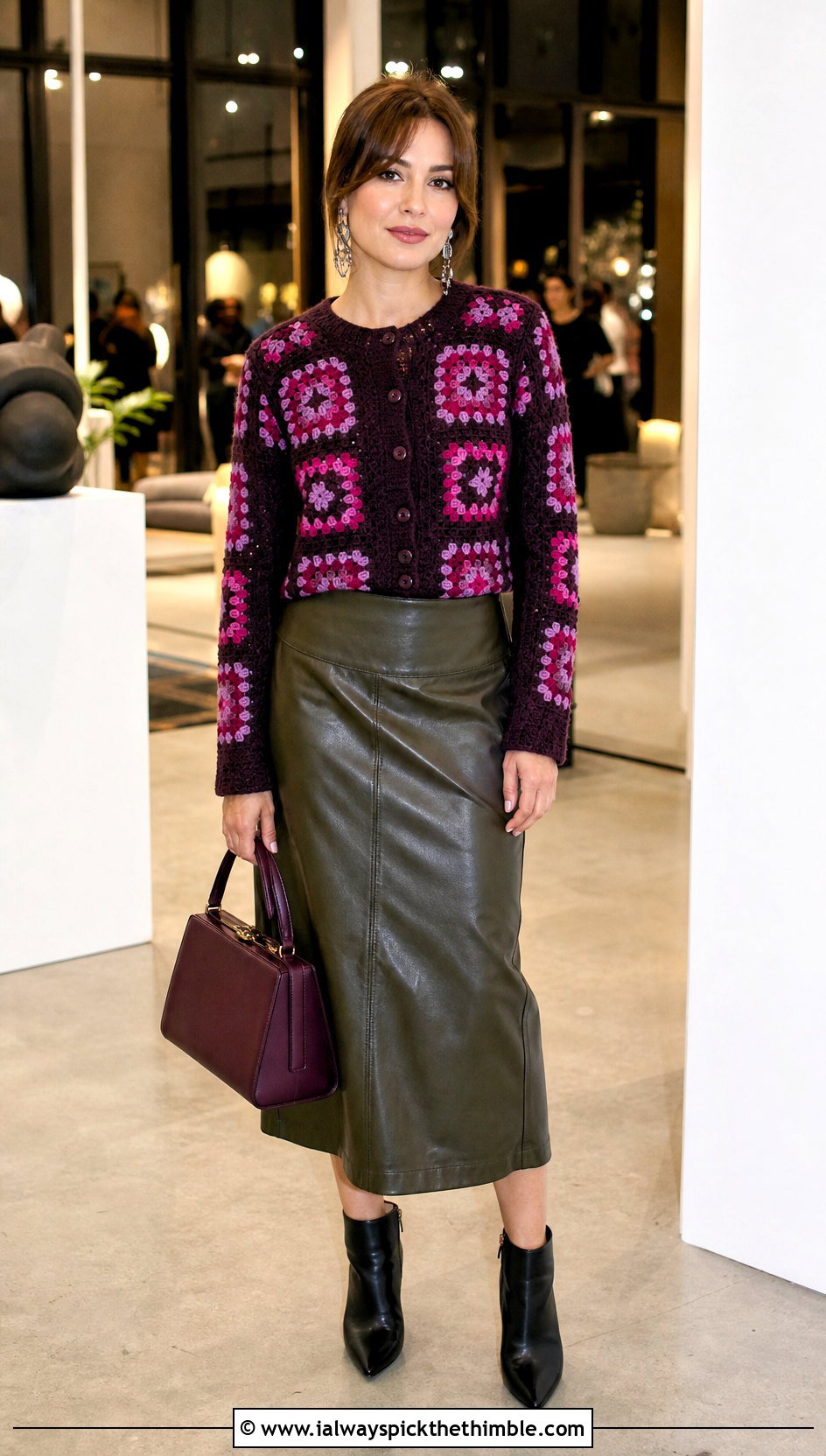 Fitted Granny Square Cardigan With A Leather Midi Skirt - 20 cardigan with granny square outfit ideas