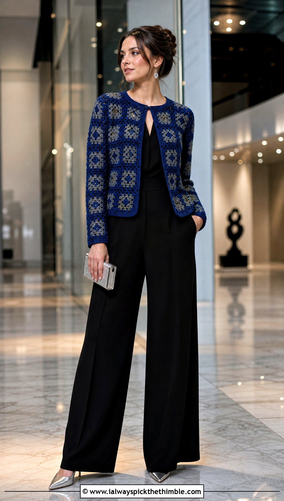 Fitted Granny Square Cardigan With Black Jumpsuit - 15 Never Off Granny Square Cardigan outfit ideas