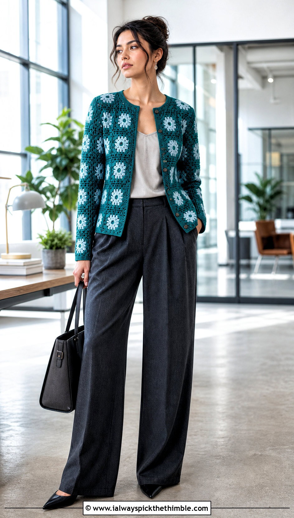Fitted Granny Square Cardigan With Tailored Trousers - 15 Womens Granny Square Cardigan outfit ideas