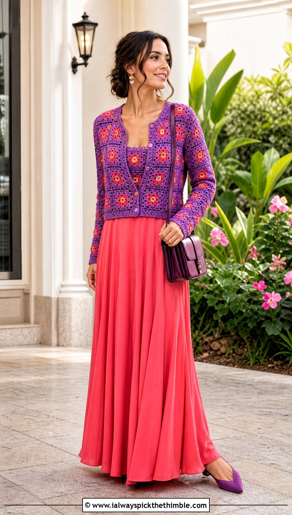 Fitted Granny Square Crochet Cardigan With Maxi Skirt - 20 Grant Square Crochet Cardigan outfit ideas