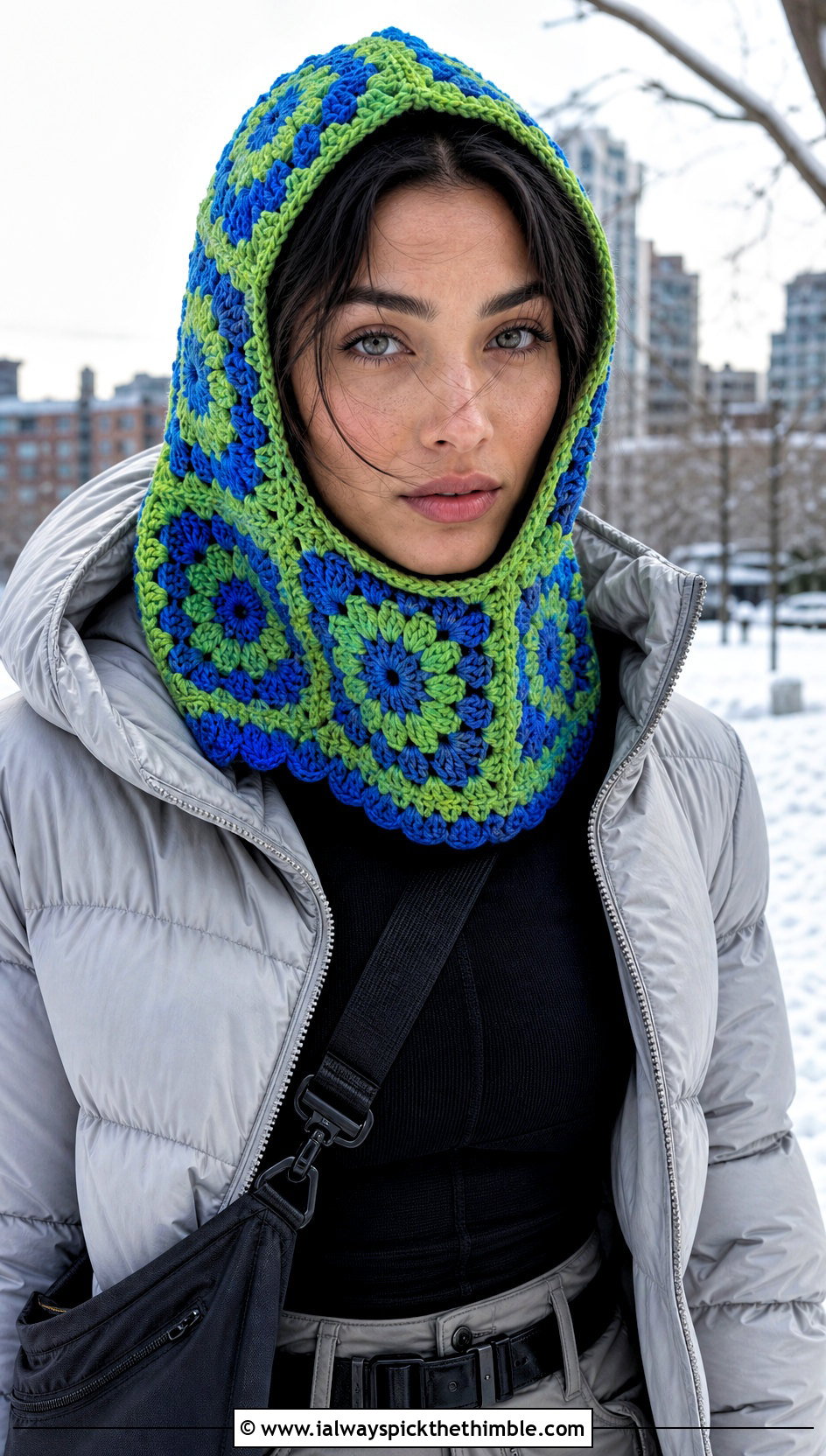 Fitted Granny Square Crochet Hooded Scarf With Puffer Jacket - 20 Granny Square Crochet Hooded Scarf outfit ideas