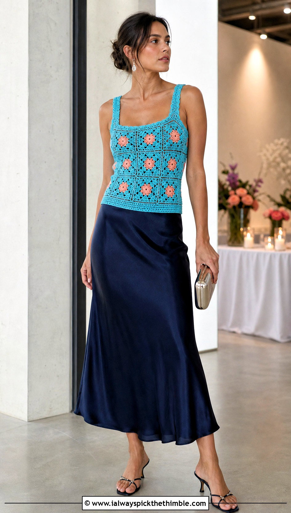 Fitted Granny Square Crochet Tank Top With Satin Slip Skirt - 20 Granny Square Crochet Tank Top outfit ideas