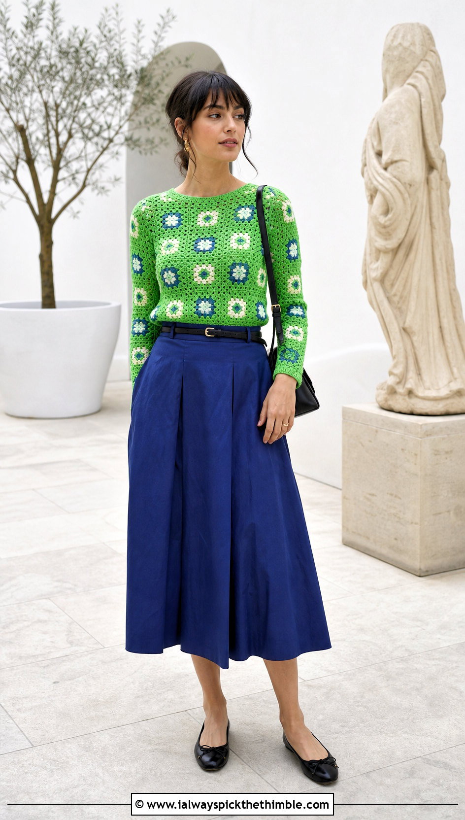 Fitted Granny Square Jumper With Full Midi Skirt - 20 crochet square jumper outfit ideas