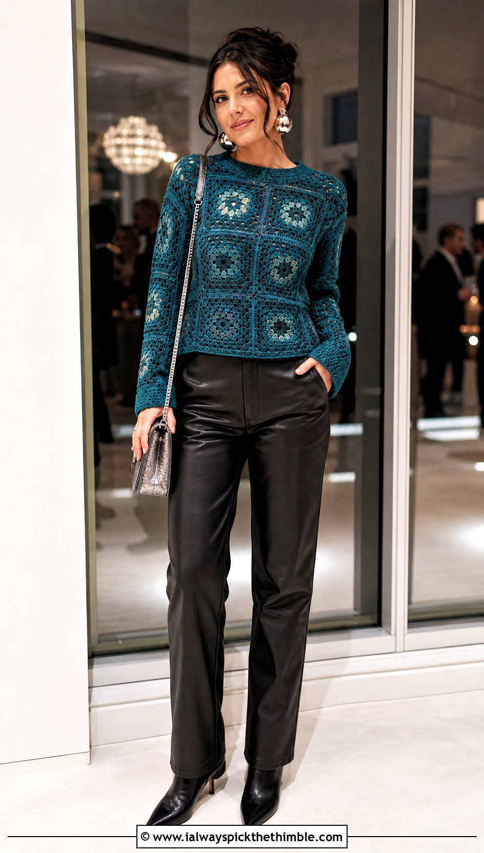 Fitted Granny Square Jumper With Leather Pants - 25 crochet granny square jumper outfit ideas