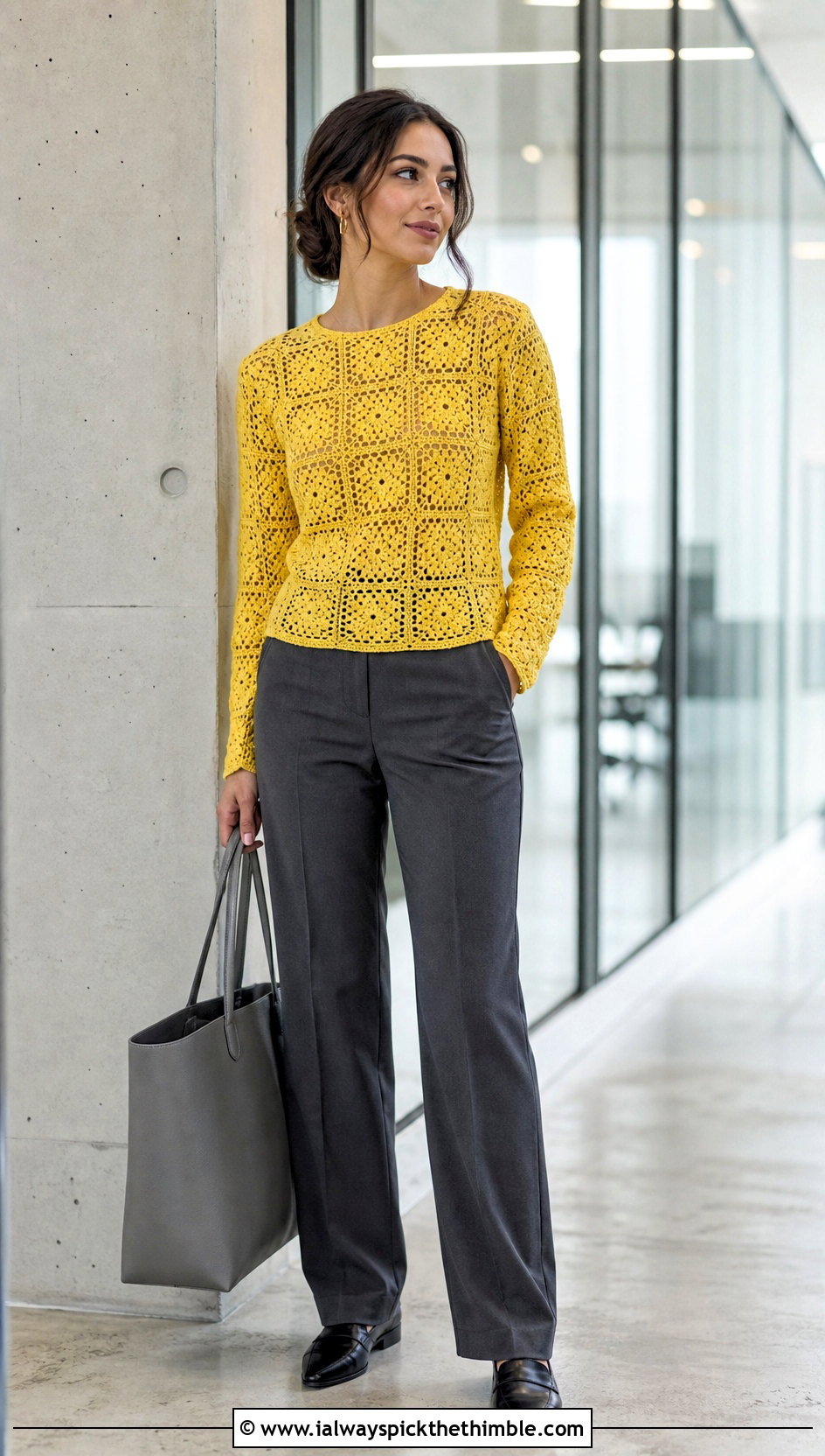 Fitted Granny Square Long Sleeve Top With Tailored Trousers - 20 Granny Square Long Sleeve Top outfit ideas