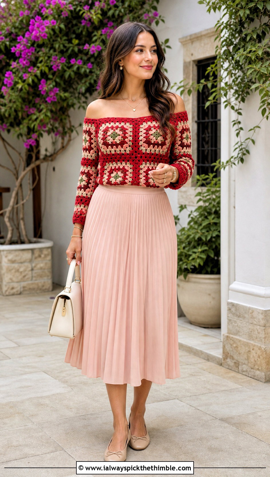 Fitted Granny Square Off The Shoulder Sweater With Pleated Midi Skirt - 20 granny square off the shoulder sweater outfit ideas