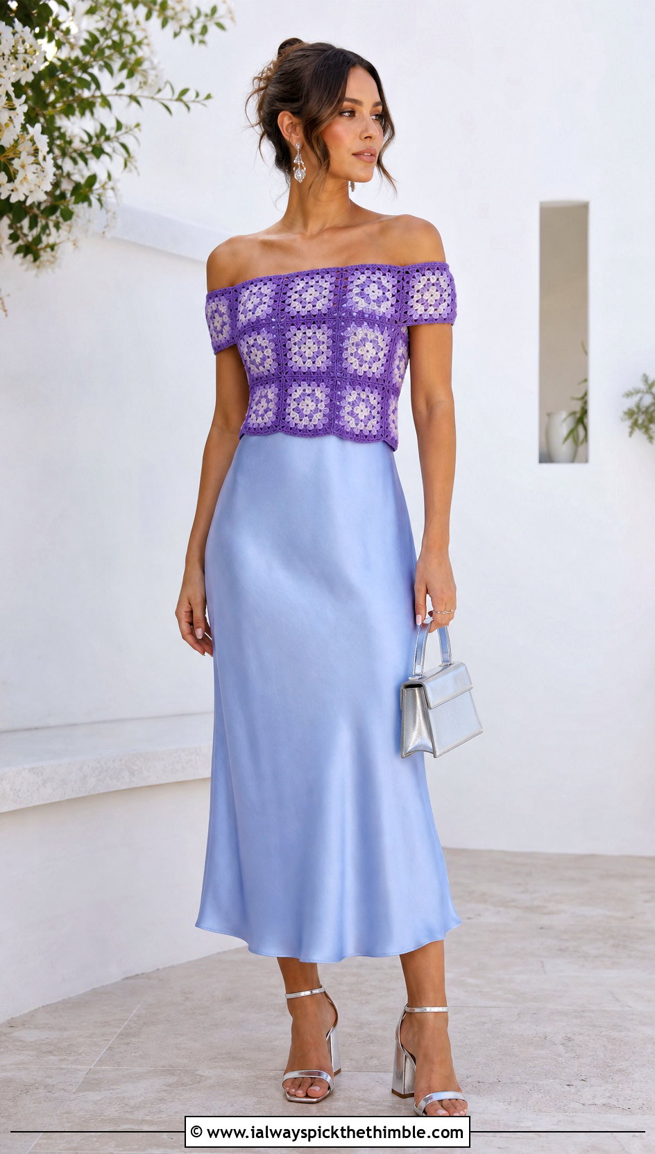 Fitted Granny Square Off The Shoulder Top Over A Slip Dress - 15 Crochet Off The Shoulder Granny Square Top outfit ideas