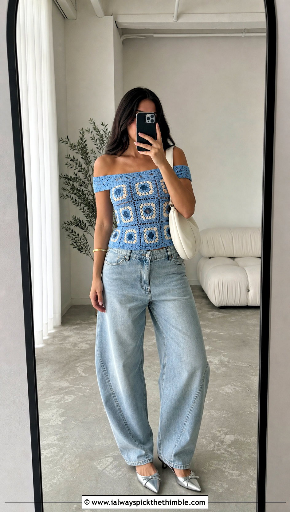 Fitted Granny Square Off The Shoulder Top With Barrel Jeans - 20 Granny Square Off The Shoulder Top outfit ideas