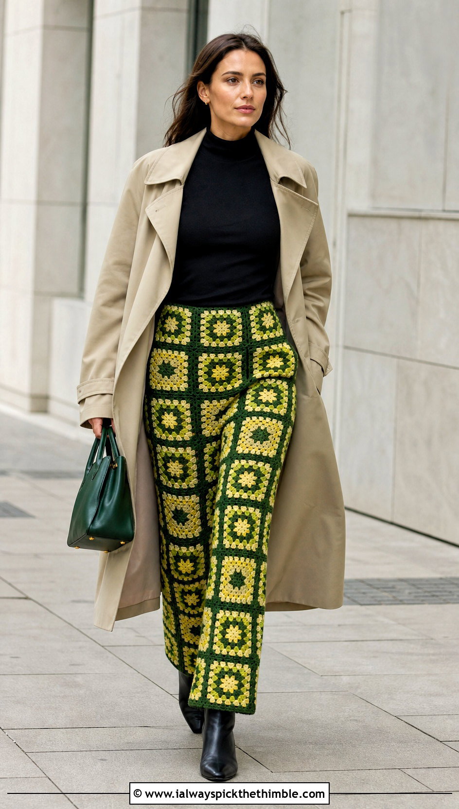 Fitted Granny Square Pants With Oversized Trench Coat - 25 granny square pants outfit ideas