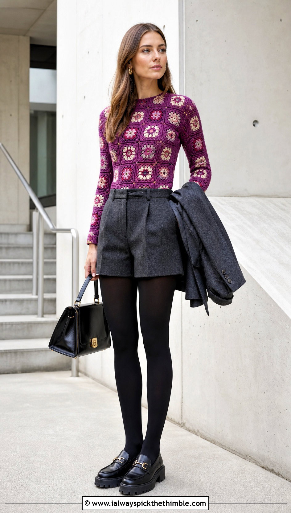 Fitted Granny Square Pullover With Tailored Shorts - 20 Fall Granny Square Sweater outfit ideas