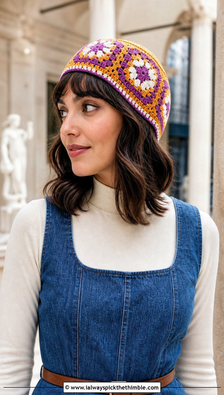 Fitted Granny Square Skullcap With Denim Dress - 25 crochet granny square beanie outfit ideas