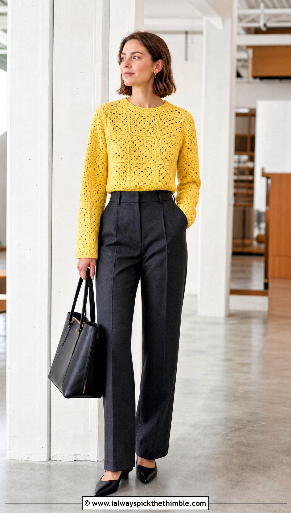 Fitted Granny Square Stitch Crewneck Sweater With Tailored Trousers - 20 granny square stitch sweater outfit ideas