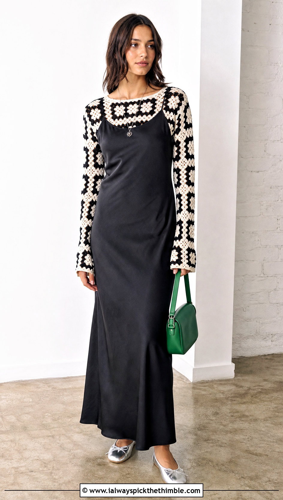 Fitted Granny Square Sweater Under A Slip Dress - 20 black and white granny square sweater outfit ideas