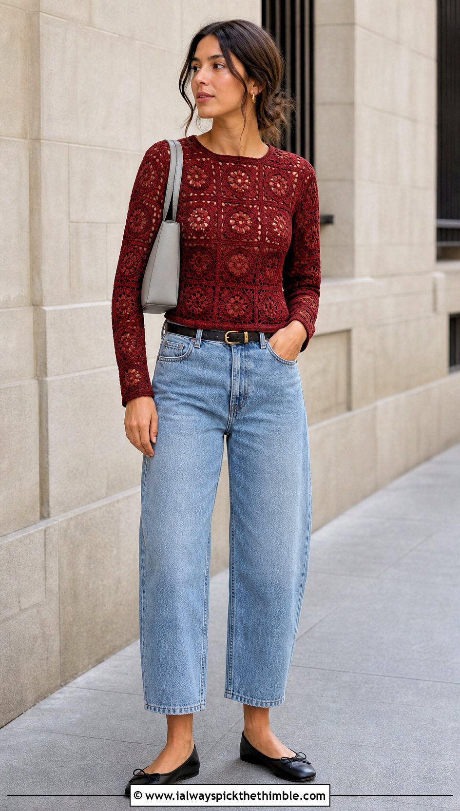 Fitted Granny Square Sweater With Barrel Jeans - 20 easy granny square sweater outfit ideas