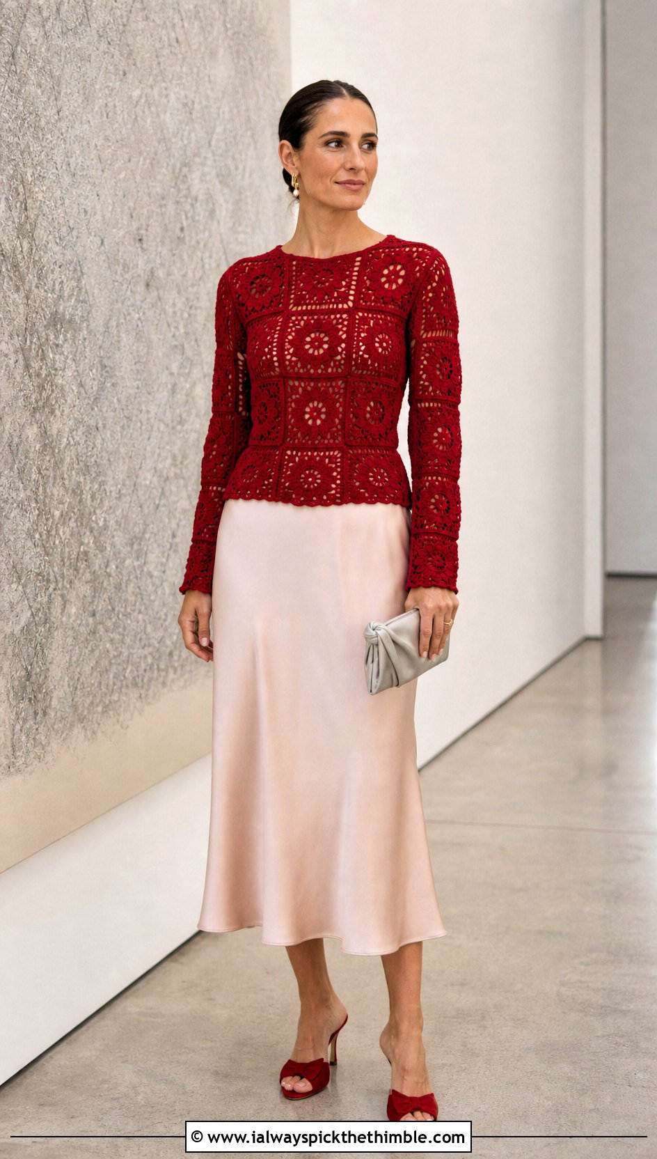 Fitted Granny Square Sweater With Satin Slip Skirt - 20 Granny Squares Sweater outfit ideas
