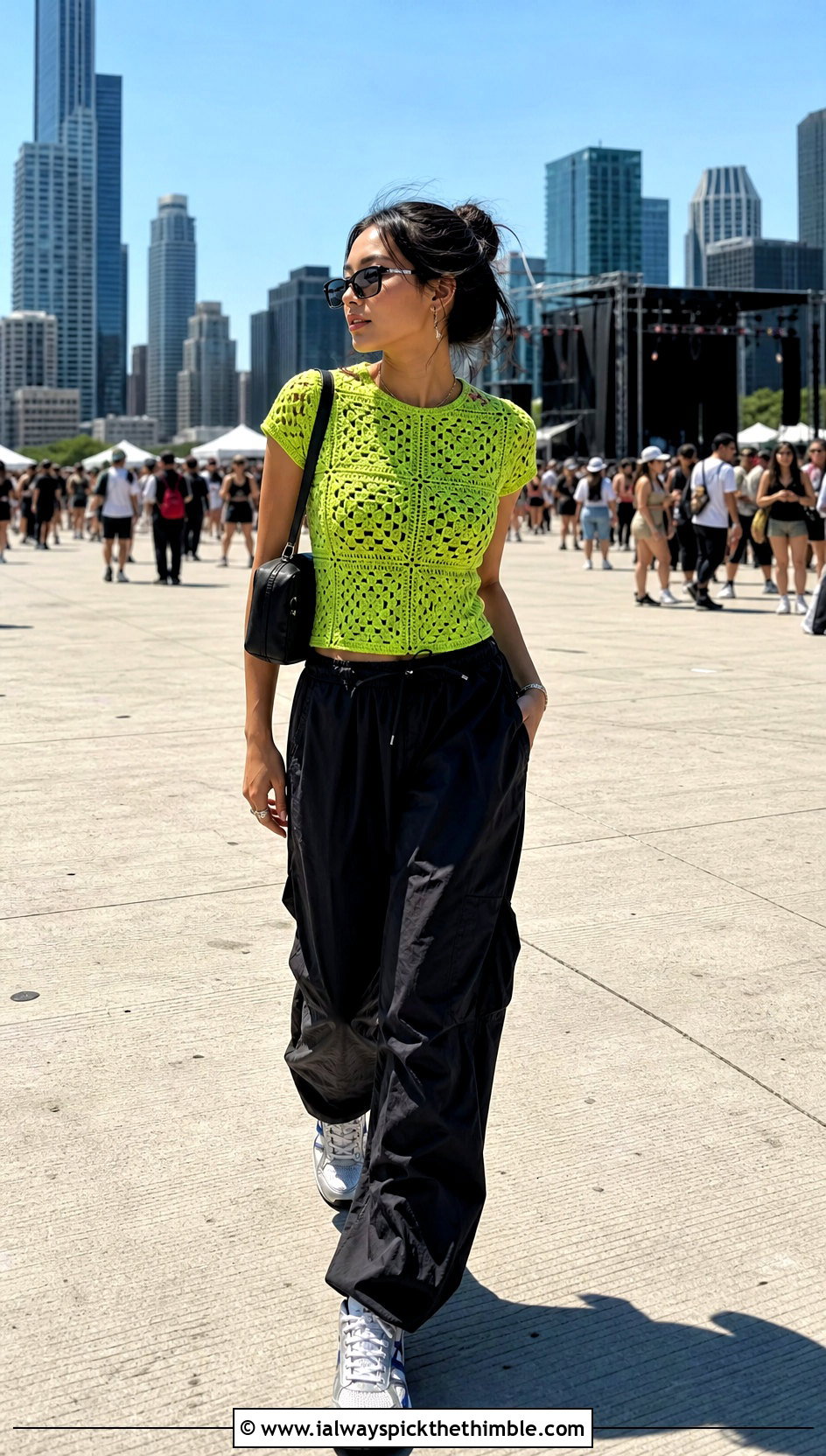 Fitted Granny Square Tee With Parachute Pants - 25 granny square summer top outfit ideas