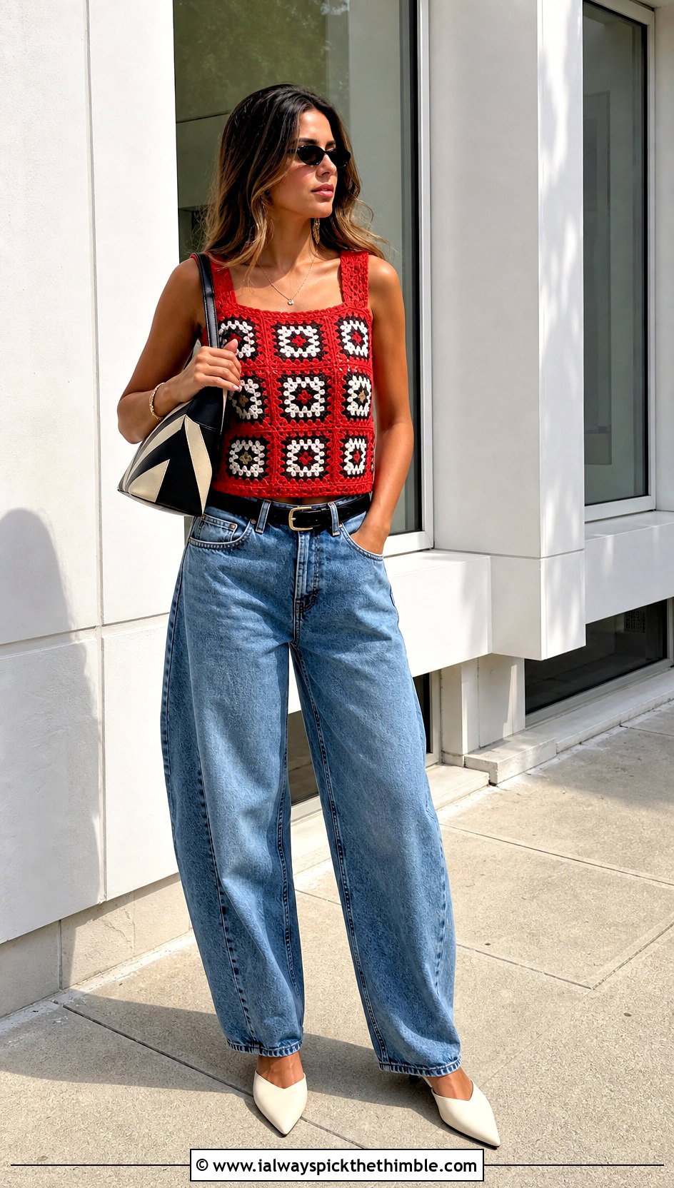 Fitted Granny Square Top With Barrel Leg Jeans - 25 granny square tops outfit ideas