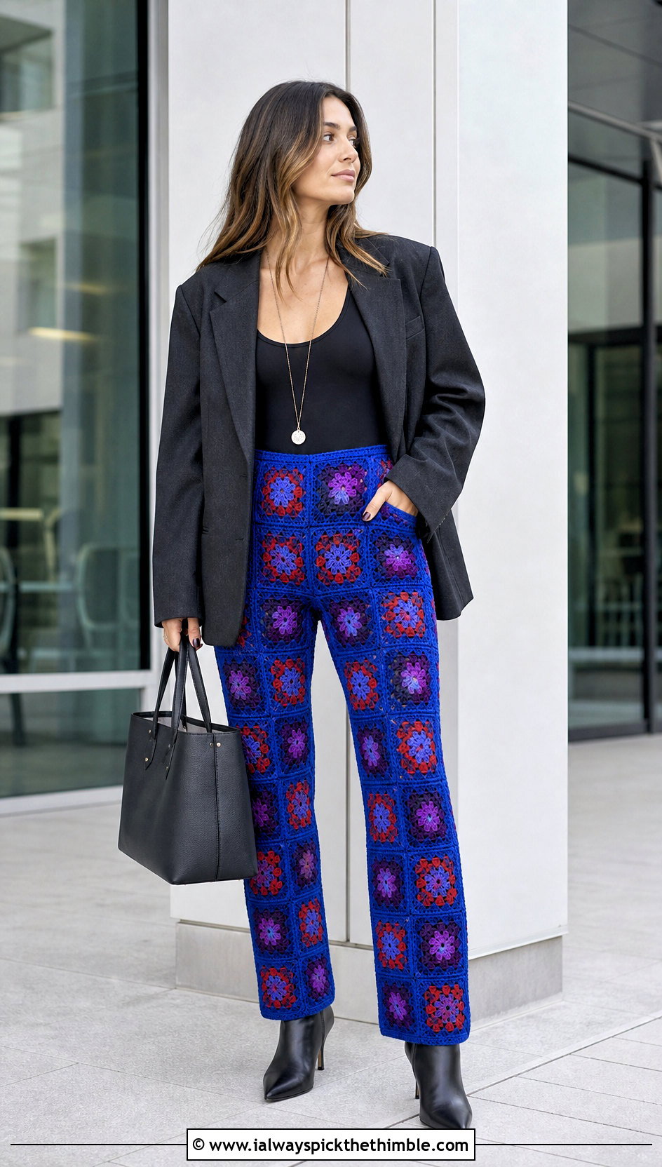 Fitted Granny Square Trousers With Oversized Blazer - 25 granny square trousers outfit ideas