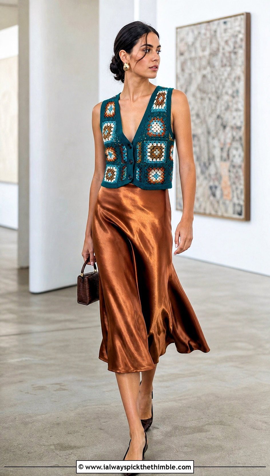 Fitted Granny Square Vest With Satin Midi Skirt - 25 granny square vest outfit ideas
