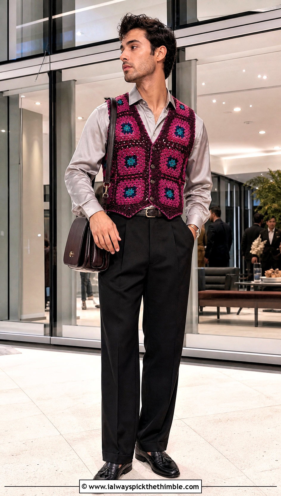 Fitted Granny Square Waistcoat With Satin Shirt And Trousers - 20 crochet granny square mens vest outfit ideas