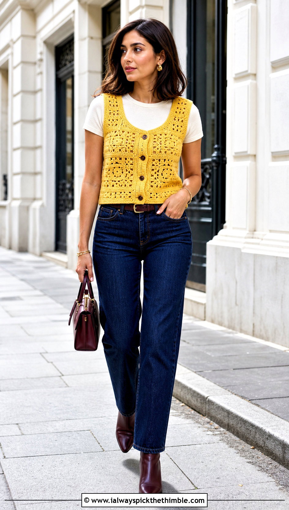 Fitted Granny Square Waistcoat With Straight Leg Jeans - 20 Granny Squares Vest outfit ideas