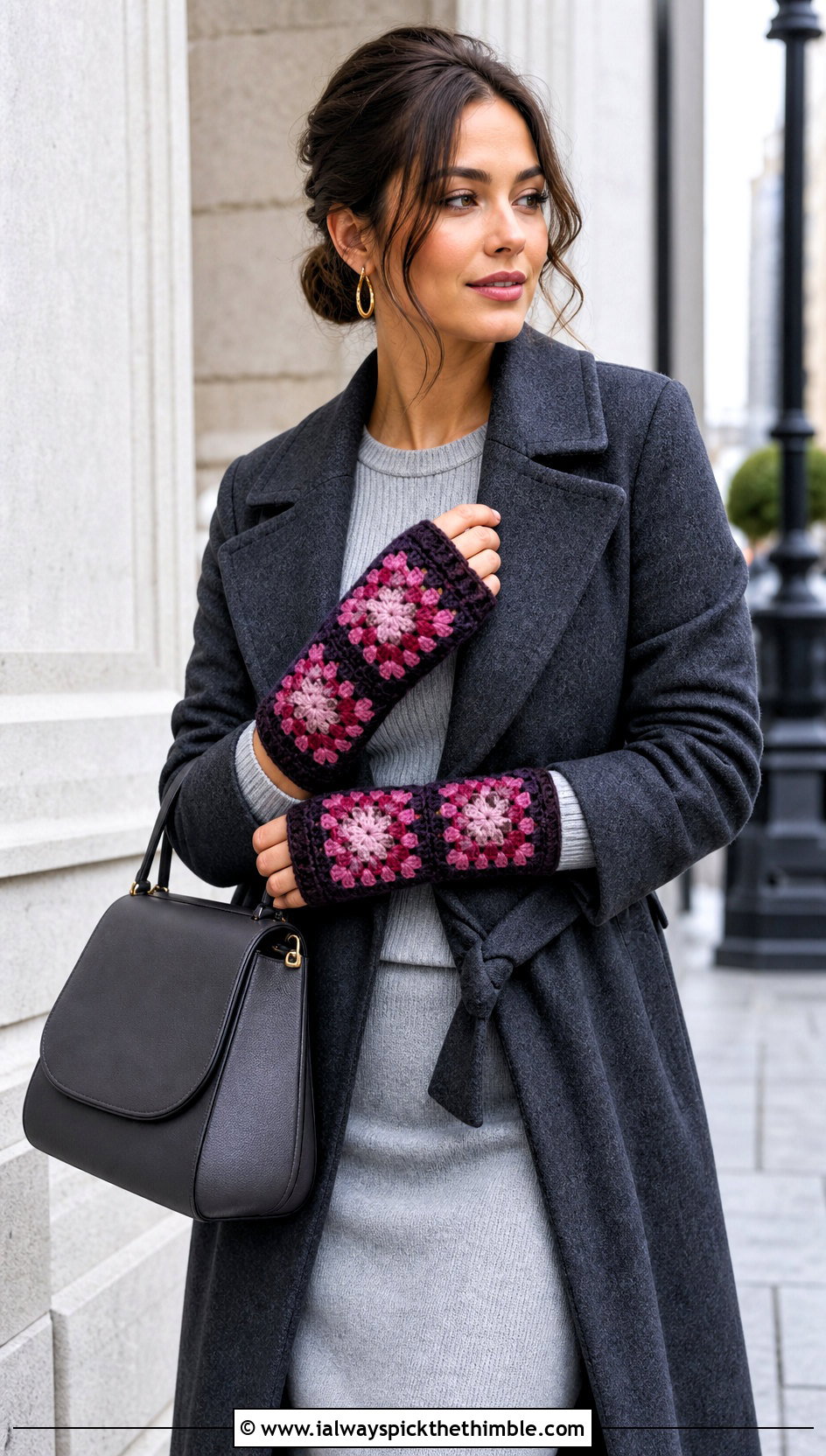 Fitted Granny Square Wrist Warmers With Matching Knit Set - 20 crochet granny square fingerless gloves outfit ideas