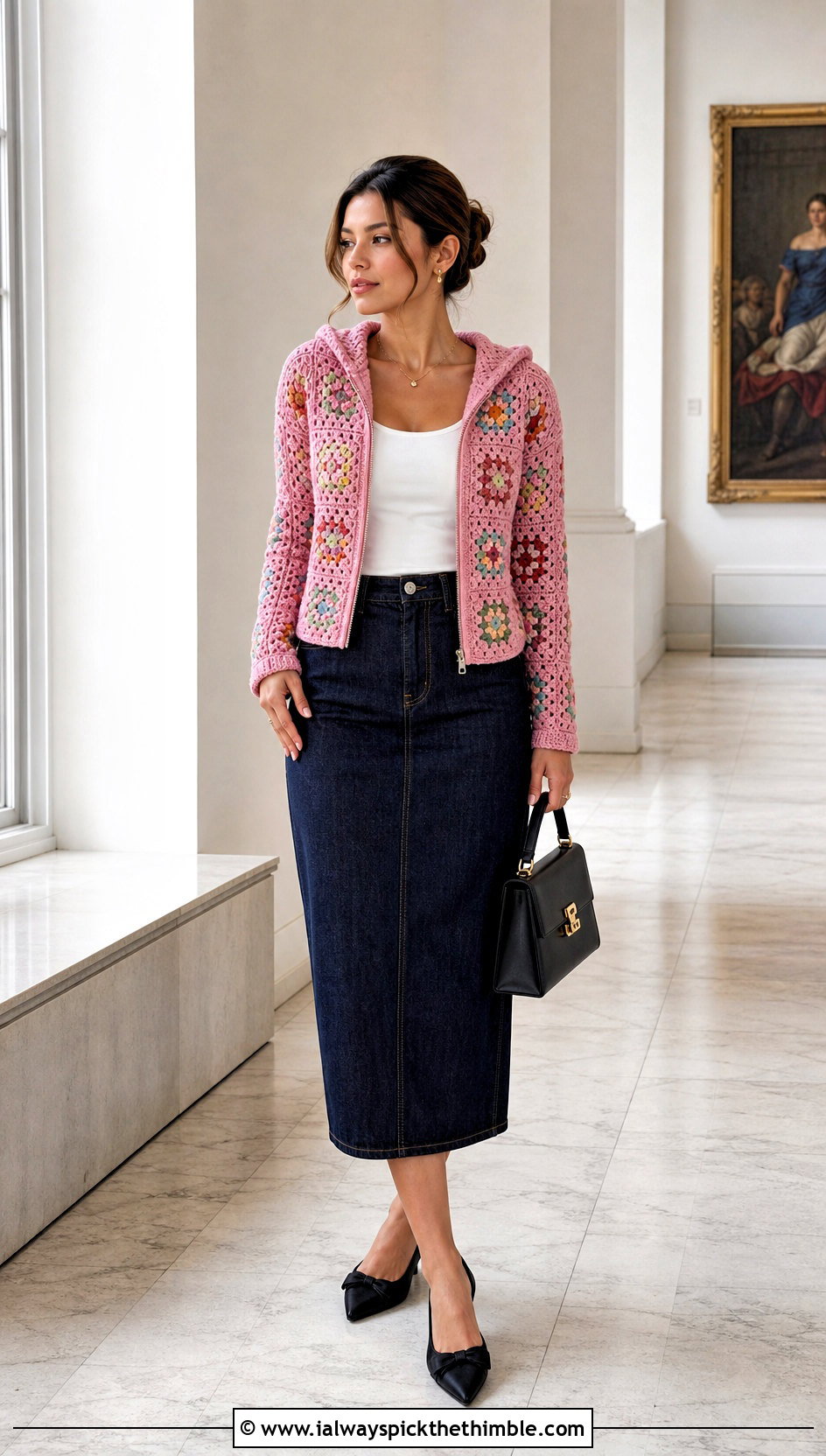 Fitted Granny Square Zip Hoodie With Column Skirt - 25 granny square hoodie outfit ideas