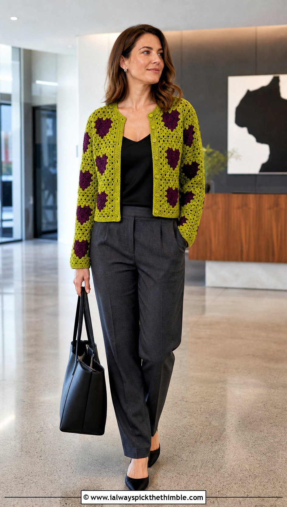 Fitted Heart Granny Square Cardigan With Tailored Trousers - 25 Heart Granny Square Cardigan outfit ideas
