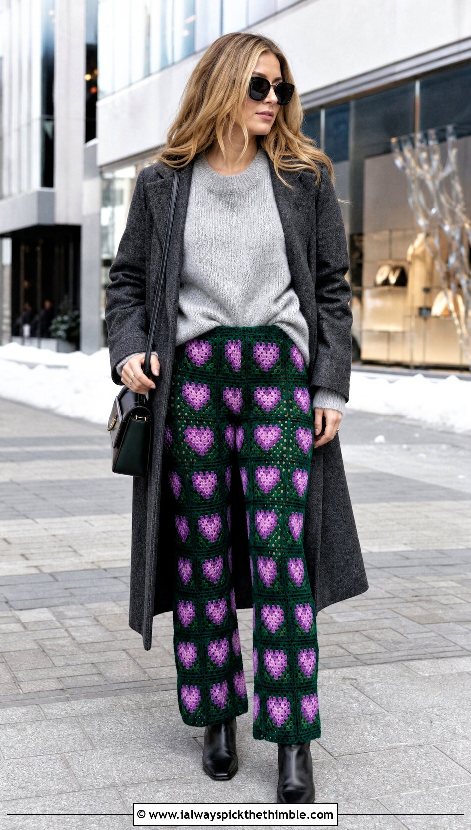 Fitted Heart Granny Square Pants With Oversized Sweater - 20 heart granny square pants outfit ideas