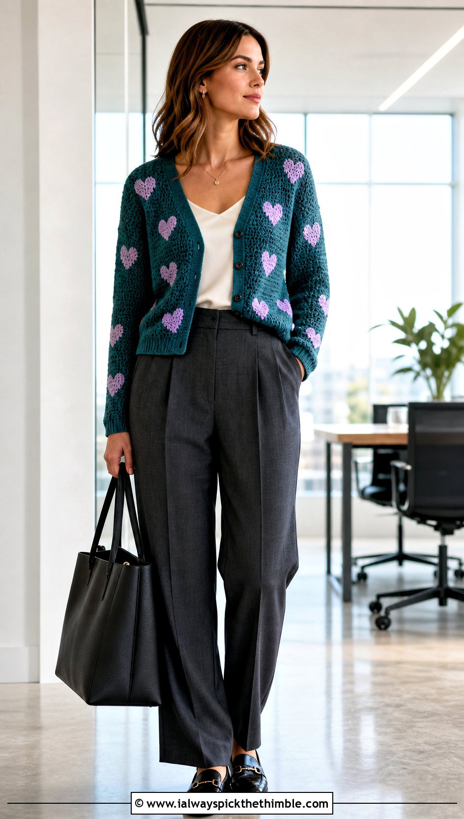 Fitted Heart Motif Cardigan With Pleated Trousers - 25 crochet heart cardigan outfit ideas