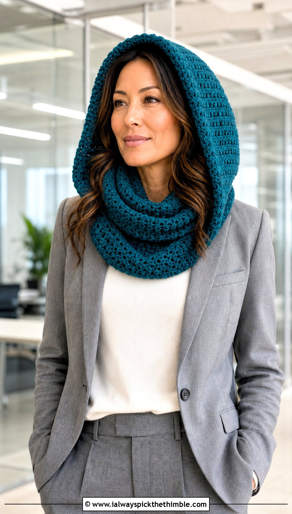 Fitted Hooded Cowl With Blazer And Trousers - 25 crochet hooded scarf outfit ideas