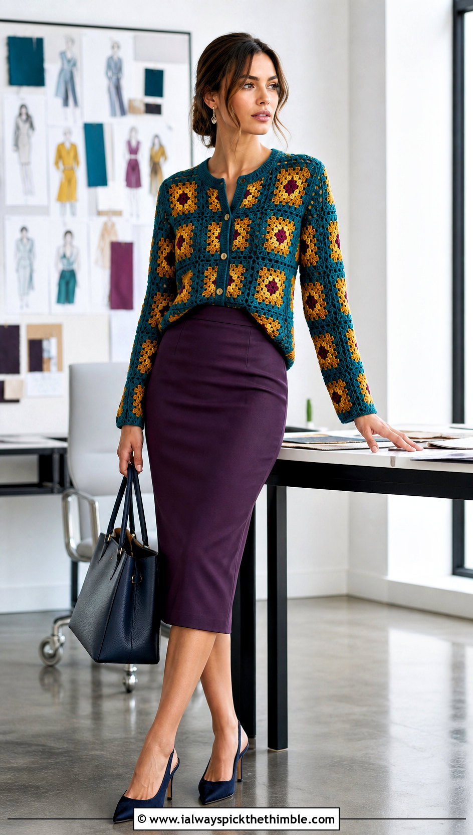 Fitted Howl Crochet Cardigan With Pencil Midi Skirt - 20 Howl Crochet Cardigan outfit ideas