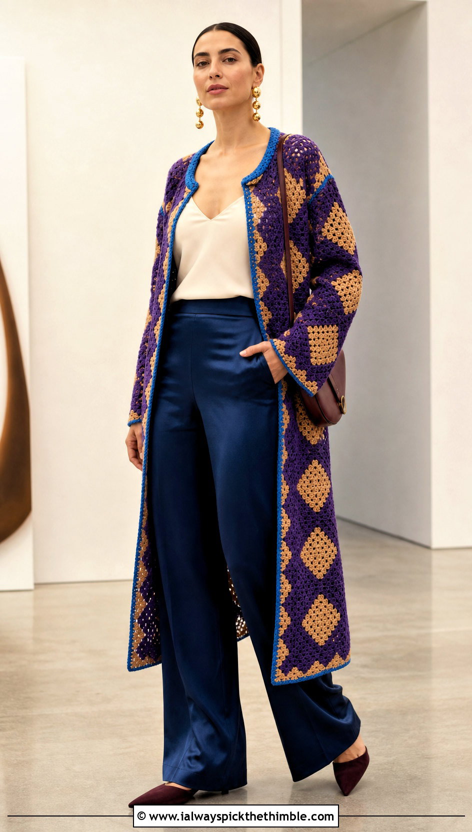 Fitted Howl Crochet Coat With Satin Trousers - 20 howl crochet coat outfit ideas