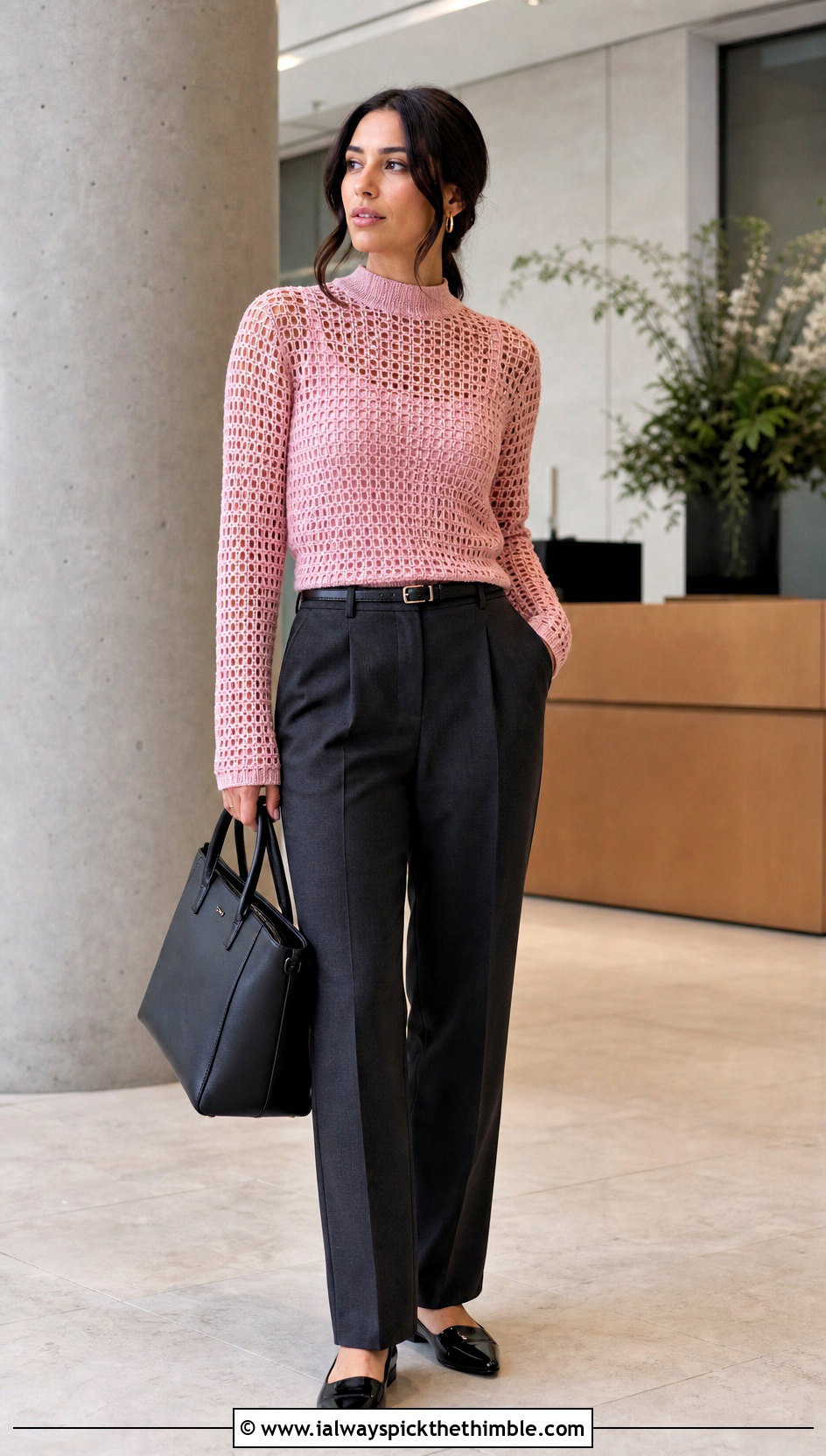 Fitted Ladder Stitch Crochet Net Sweater With Tailored Trousers - 25 crochet net sweater outfit ideas