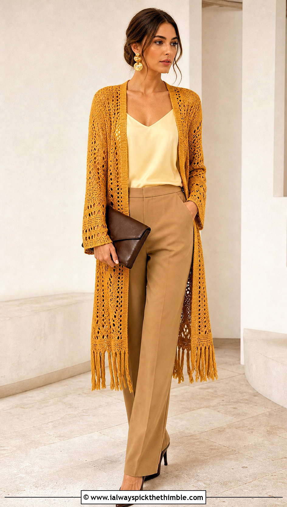 Fitted Long Crochet Cardigan With Fringe And Matching Pants - 15 long crochet cardigan with fringe outfit ideas