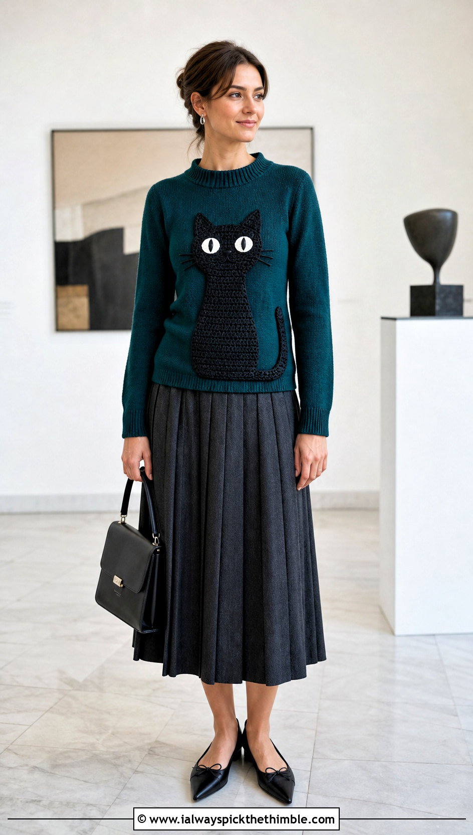 Fitted Marceline Cat Sweater With Pleated Midi Skirt - 20 crochet marceline sweater outfit ideas