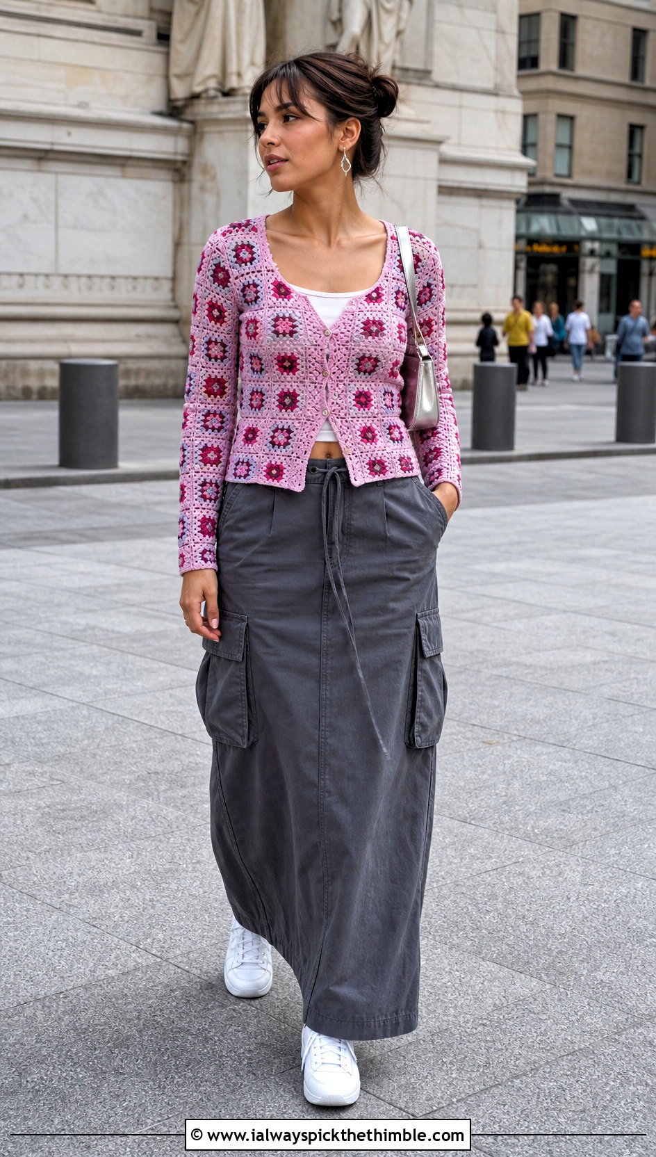 Fitted Micro Square Crochet Cardigan With Cargo Maxi Skirt - 20 Square Patch Crochet Cardigan outfit ideas