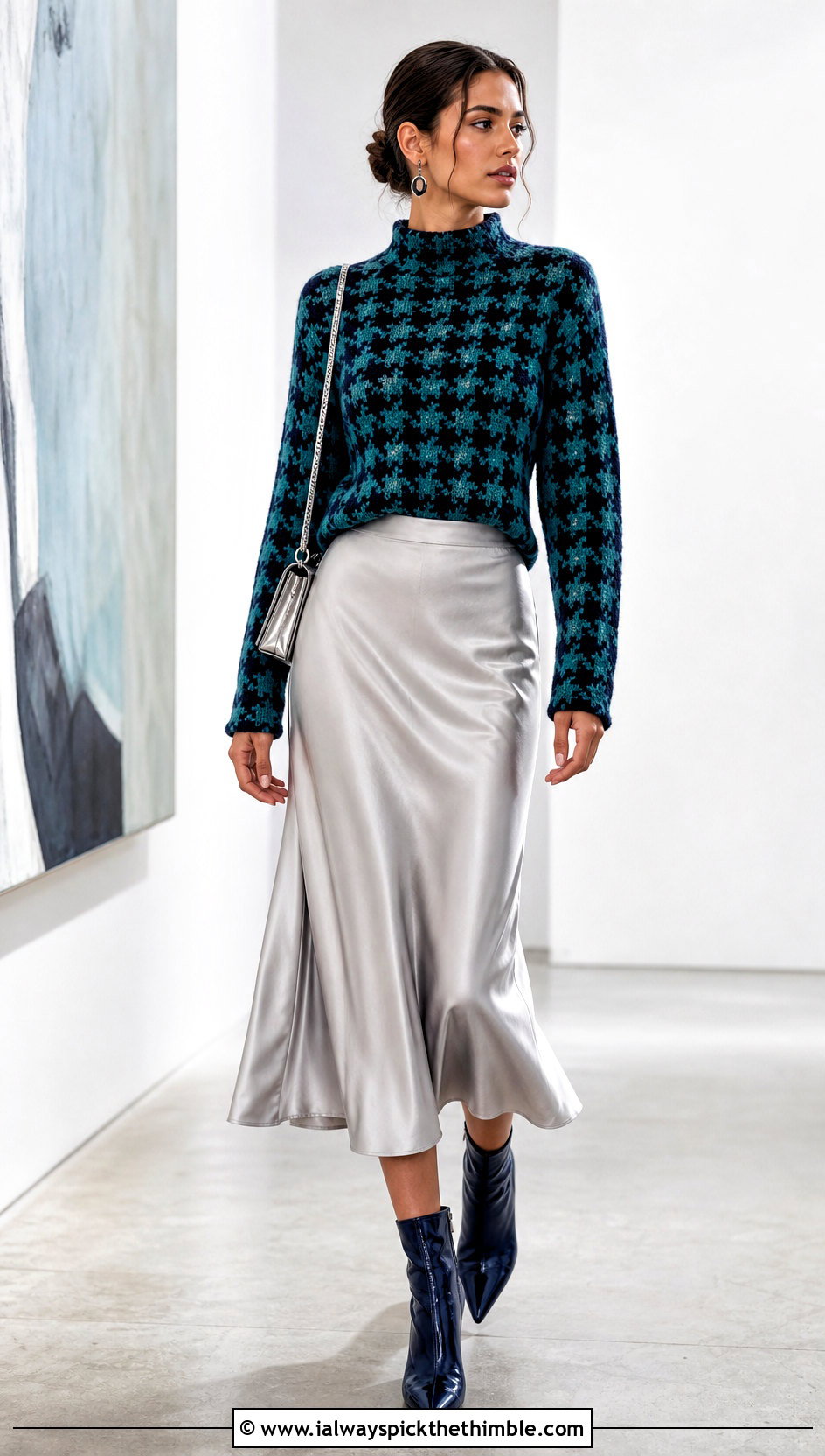 Fitted Mock Neck Crochet Houndstooth Sweater With Satin Skirt - 25 crochet houndstooth sweater outfit ideas