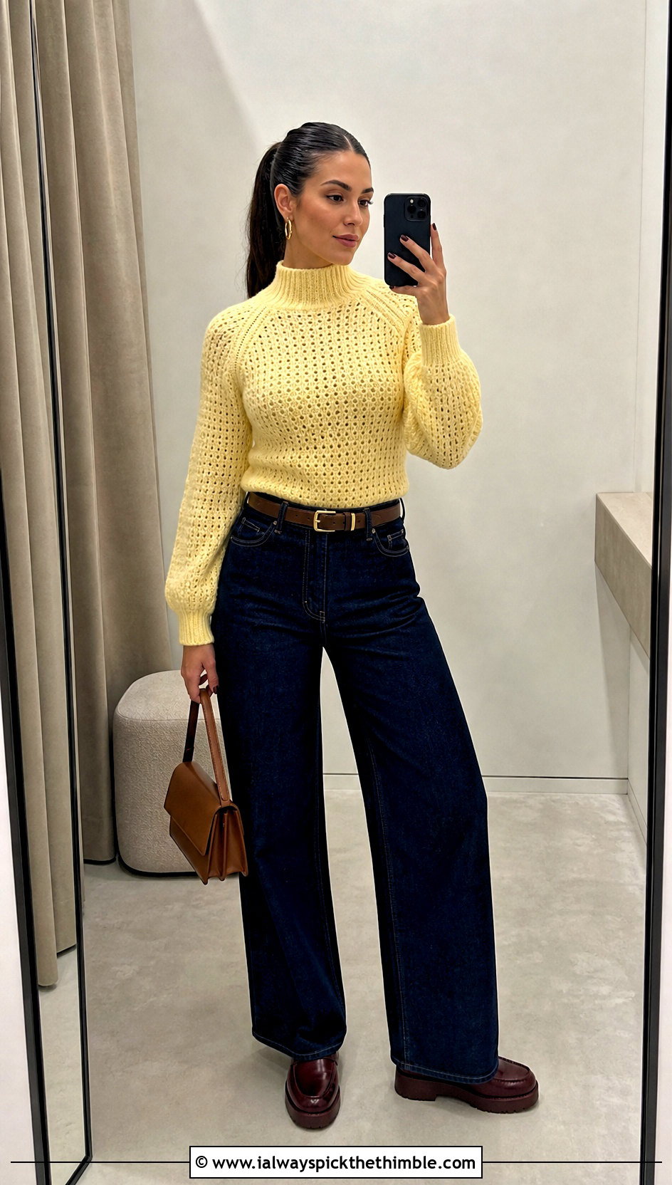 Fitted Mock Neck Crochet Mohair Raglan Sweater With Wide Leg Jeans - 15 Crochet Mohair Raglan Sweater outfit ideas
